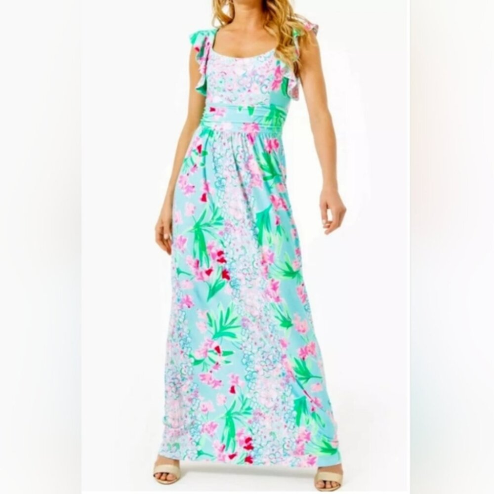 Lilly Pulitzer Cristal Maxi Dress Small S Aqua Floral Flutter Sleeve Square Neck